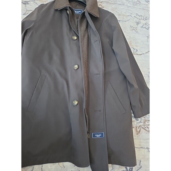 #53 Chaps Trench Coat Mens 42R Brown Overcoat Rain Jacket Button Out Liner Long - Picture 3 of 9
